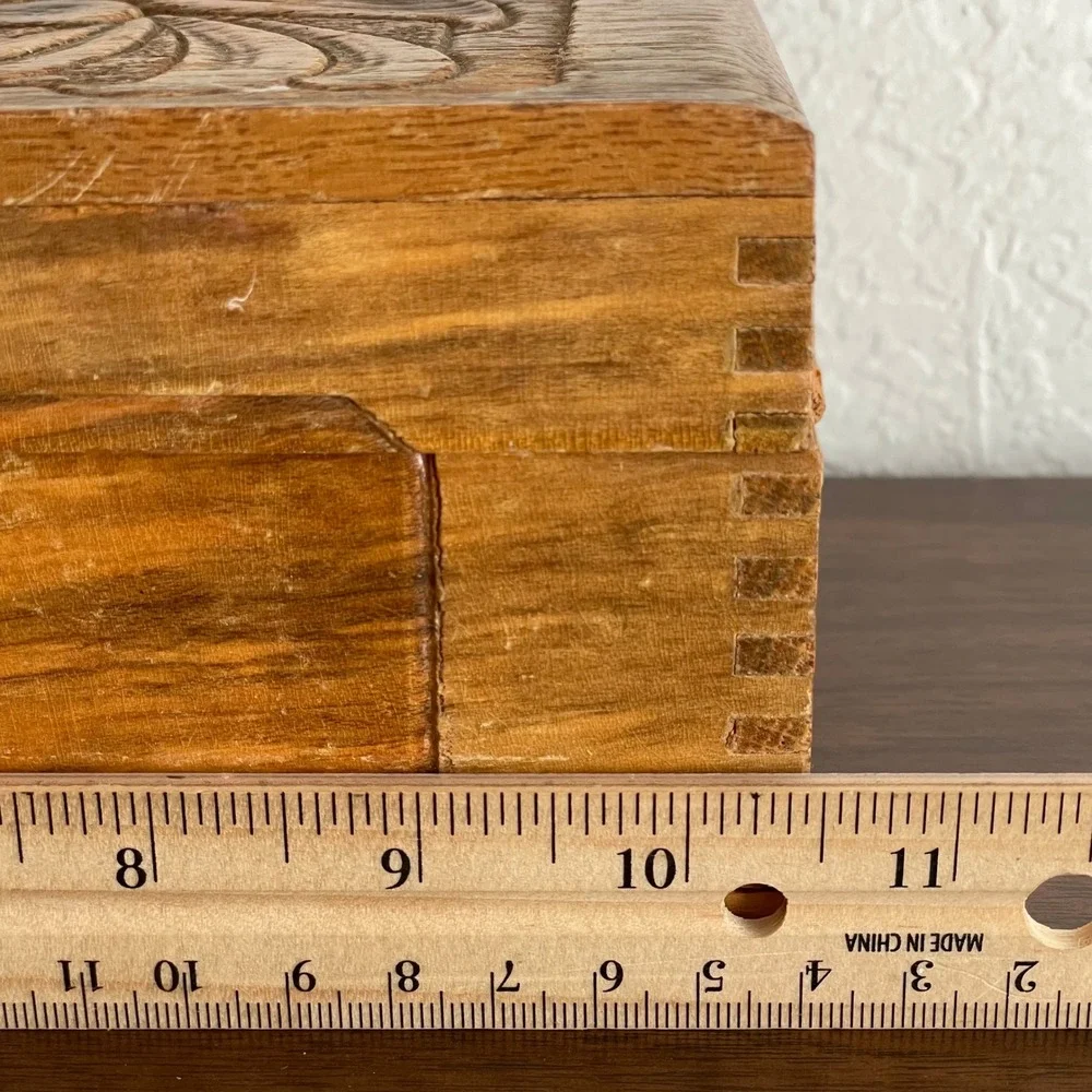 Vintage Hand Carved Engraved Wooden‎ Box Gold Lining Jewelry Trinket Mirror 11x6